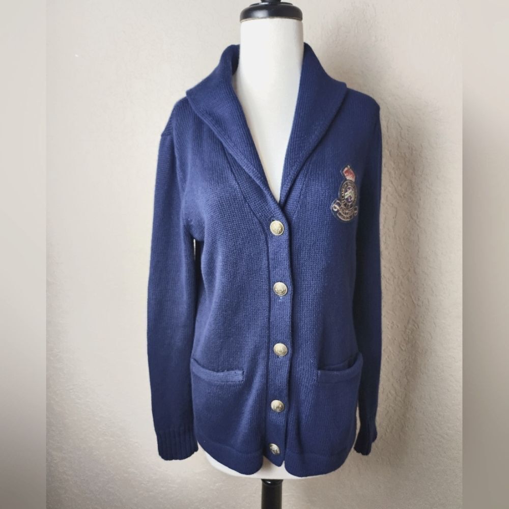 Vtg Ralph Lauren Logo Crest Long Sleeve Gold Buttons Cardigan Navy Blue Size M